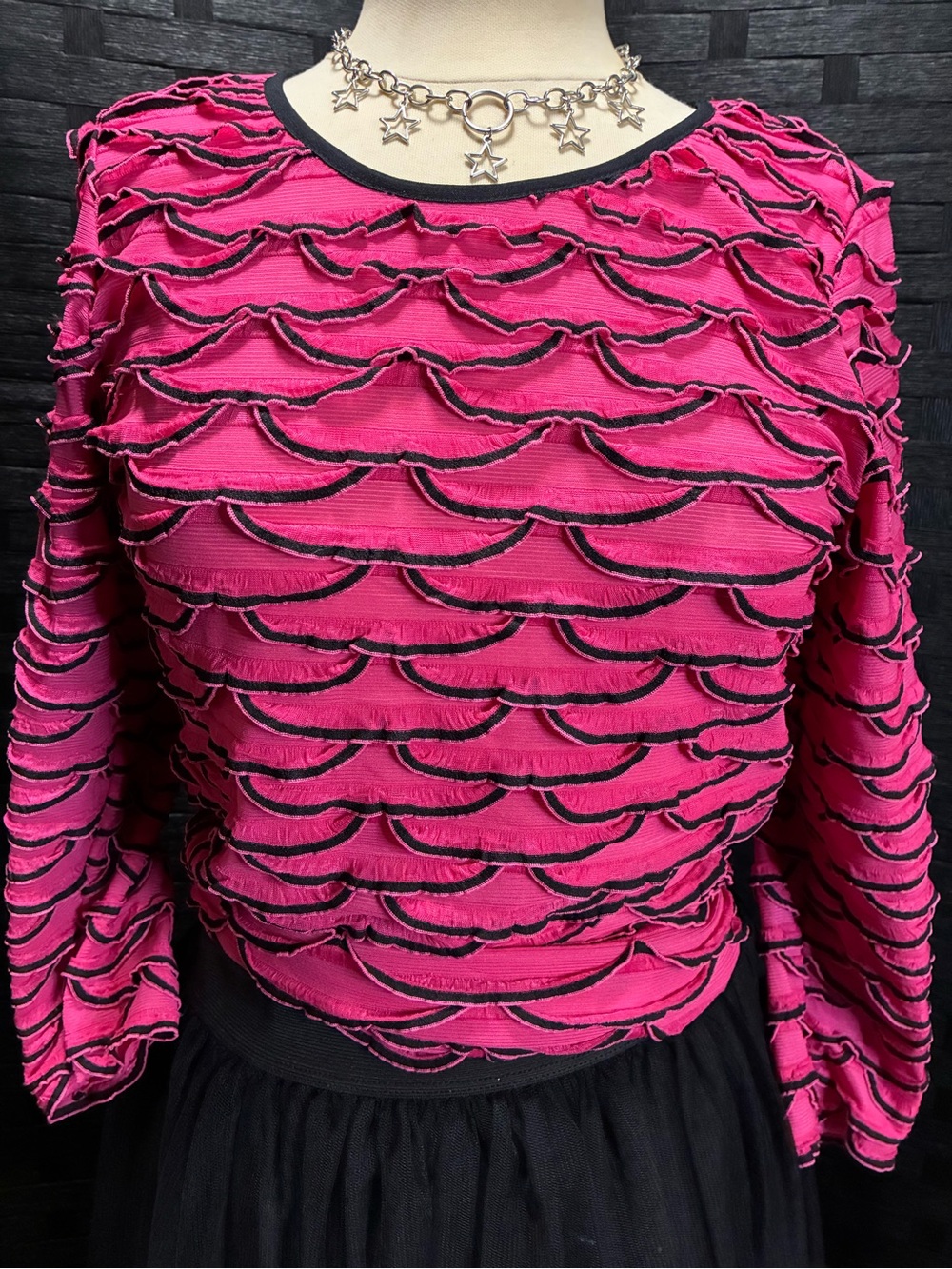 Notations Hot Pink Textured Ruffle Long Sleeve Top
